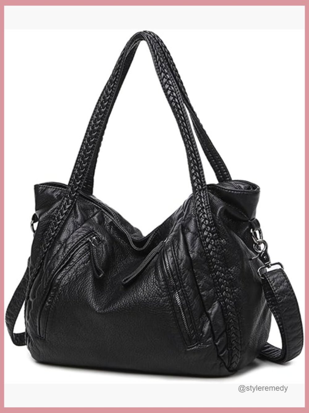 Slouchy Vegan Leather Hobo Bag - Oversized Shoulder Purse with Braided Handle - Picture 1 of 6